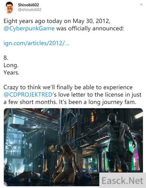 《赛博朋克2077》首次公布到现在已经8年了