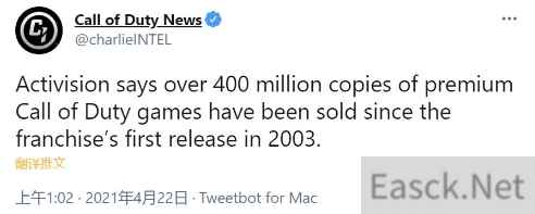 动视：使命召唤系列累计销量超4亿套